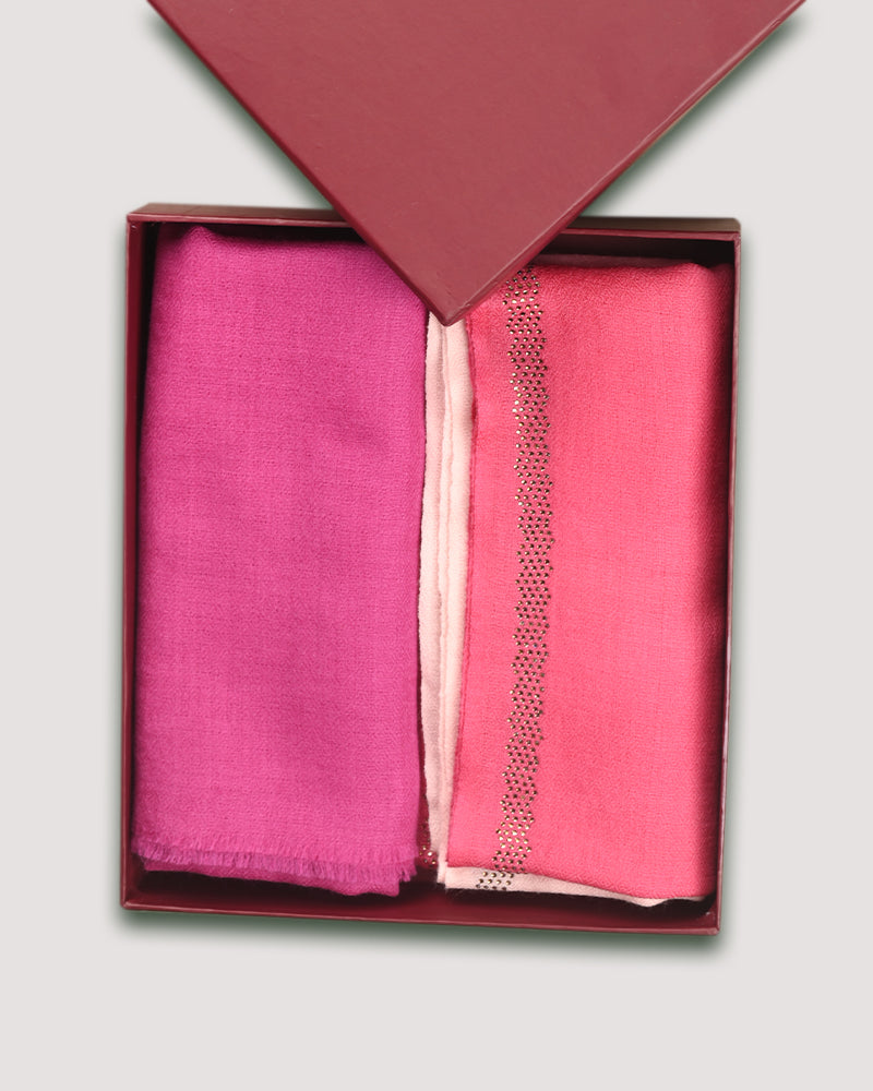 Pink Fine Single Line Crystal Border Stole & Magenta Pink Fine Wool Diamond Weave Stole Combo